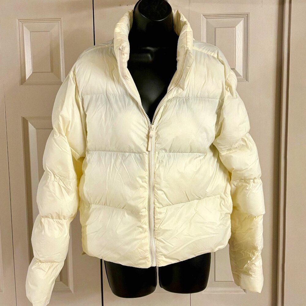 SALE! Fabletics Puffer Jacket Off-White  Like New Hidden Hood Cinch Waist Size S